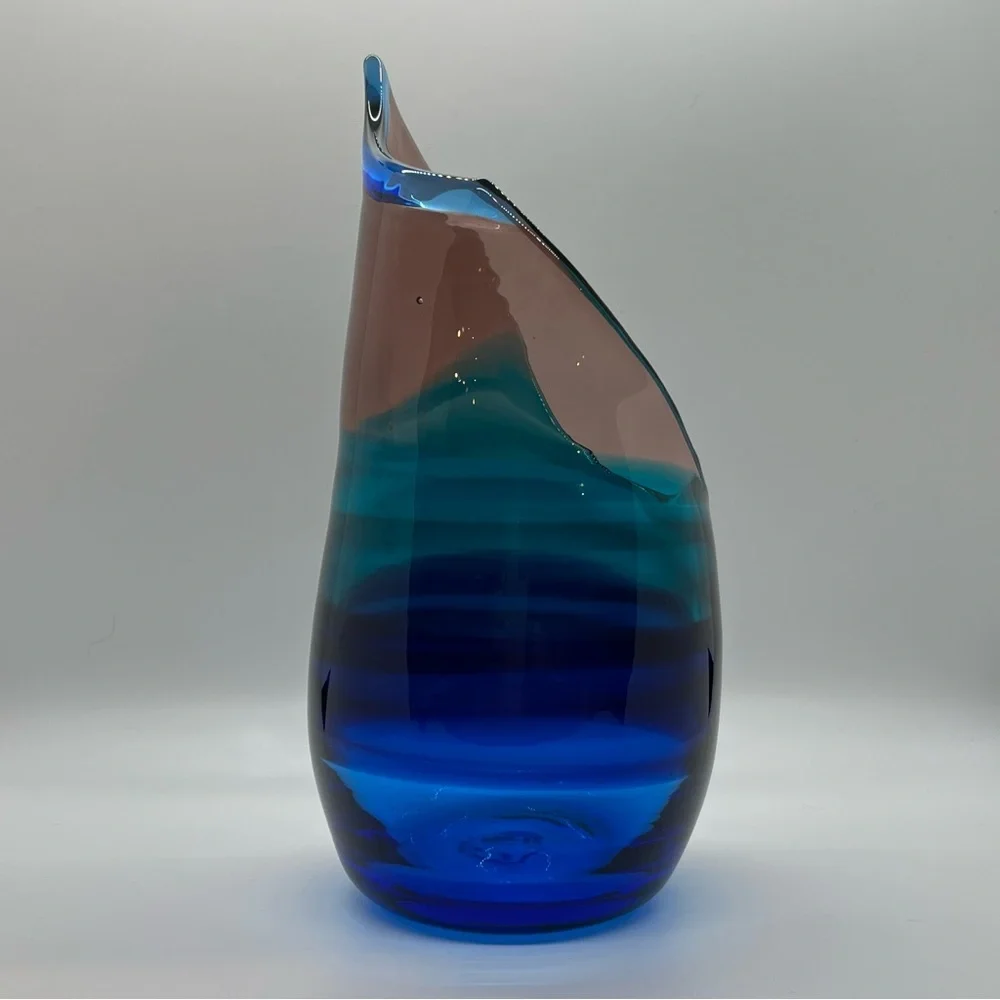 Stunning Kohomo “KOG” 9 inch Art Glass Vase Blue Turquoise and Lavender